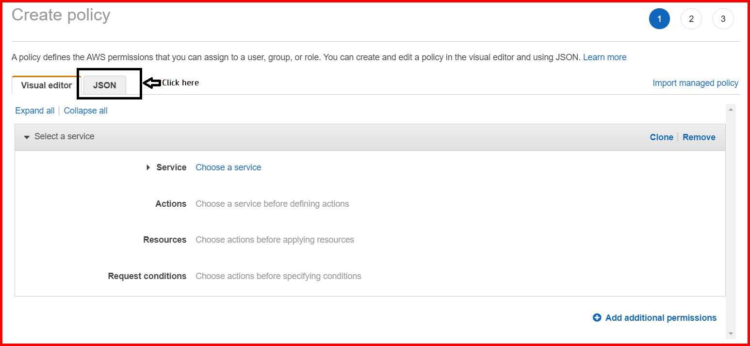 Picture showing the JSON tab to paste the policy generated using the aws policy generation tool